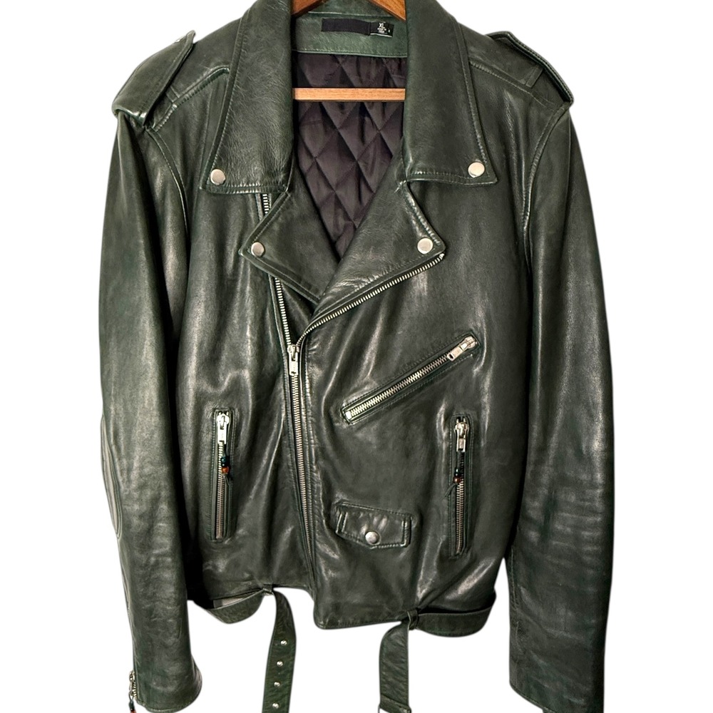 BLK DNM Men's XL Black Leather Moto Biker Jacket‎ Belted Quilted Lining